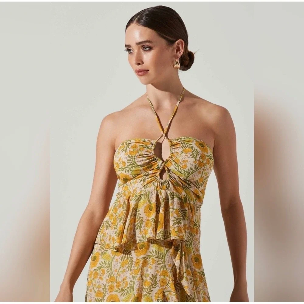 ASTR the Label Maxi Dress Womens XS Yellow Floral Halter Boho Tier Ruffle Flirty